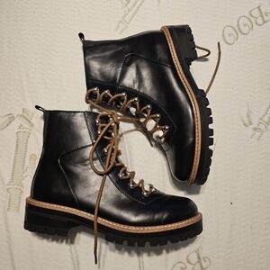 A NEW DAY- Black Leather Combat Boots with Brown Laces- FUZZY
